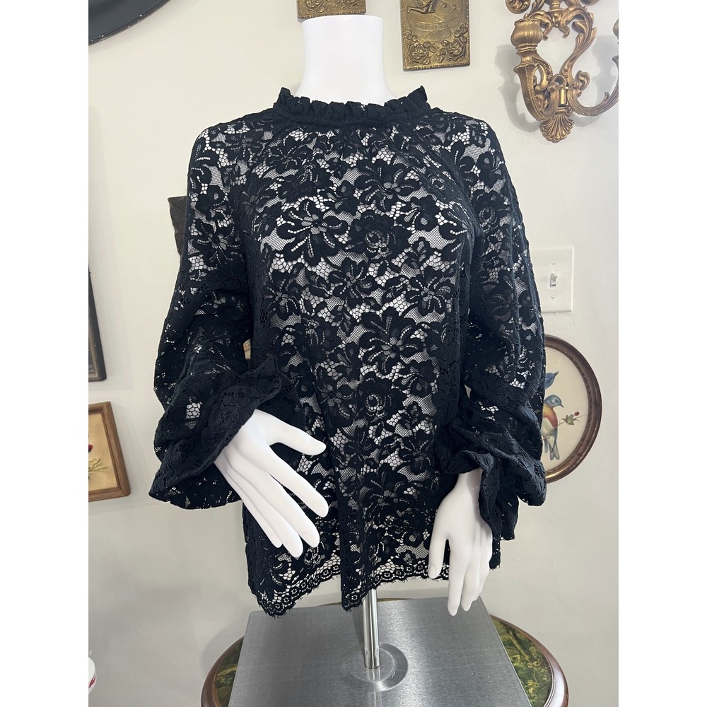 Hill House The Millie Top Black Floral Lace Mock Neck Long Sleeve Blouse Size M